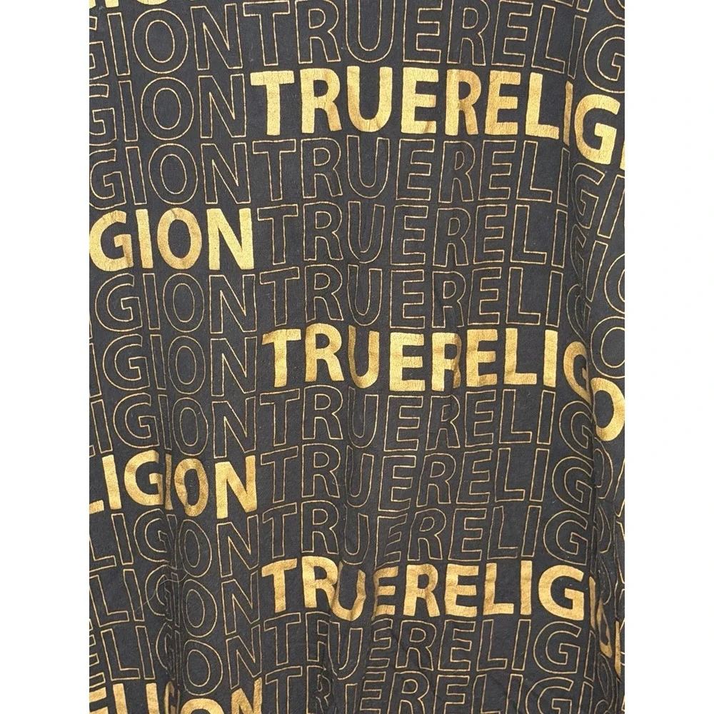 True Religion Shirt Mens 3XL Black Gold Logo All Over Text Pullover